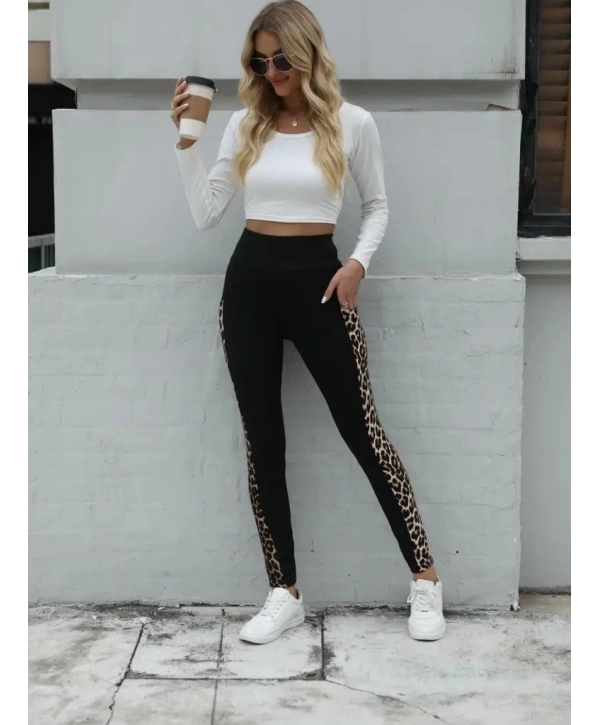 Kadın Yüksek Bel Leopar Desen Ve Cep Detaylı Dalgıç Tayt