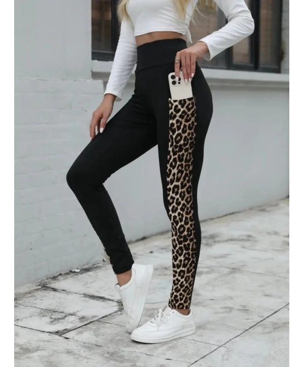 Kadın Yüksek Bel Leopar Desen Ve Cep Detaylı Dalgıç Tayt