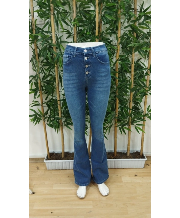 Kadın Yüksek Bel önden Düğmeli Cep Detay Ispanyol Paça Denim Pantolon