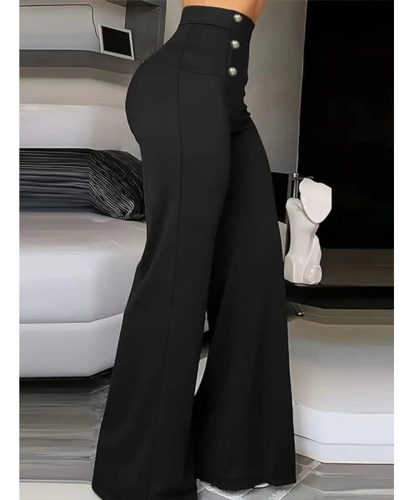 Kadın Yüksek Bel önden Düğmeli Uzun Paçaya Doğru Geniş Ithal Krep Pantolon