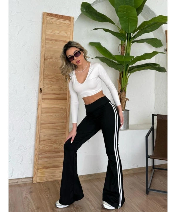 Kadın Yüksek Bel şerit Detaylı Ispanyol Paçalı Dalgıç Pantolon