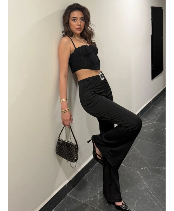 Kadın Yüksek Bel Tokalı Ispanyol Paçalı Dalgıç Pantolon