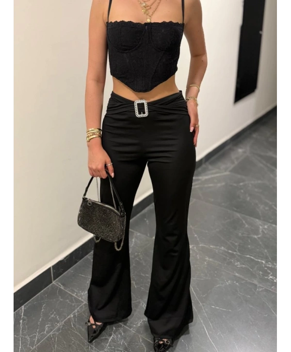 Kadın Yüksek Bel Tokalı Ispanyol Paçalı Dalgıç Pantolon