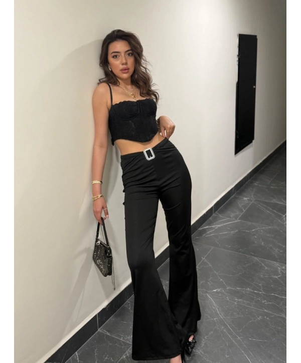 Kadın Yüksek Bel Tokalı Ispanyol Paçalı Dalgıç Pantolon