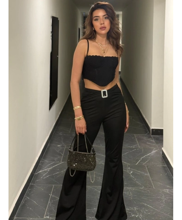 Kadın Yüksek Bel Tokalı Ispanyol Paçalı Dalgıç Pantolon