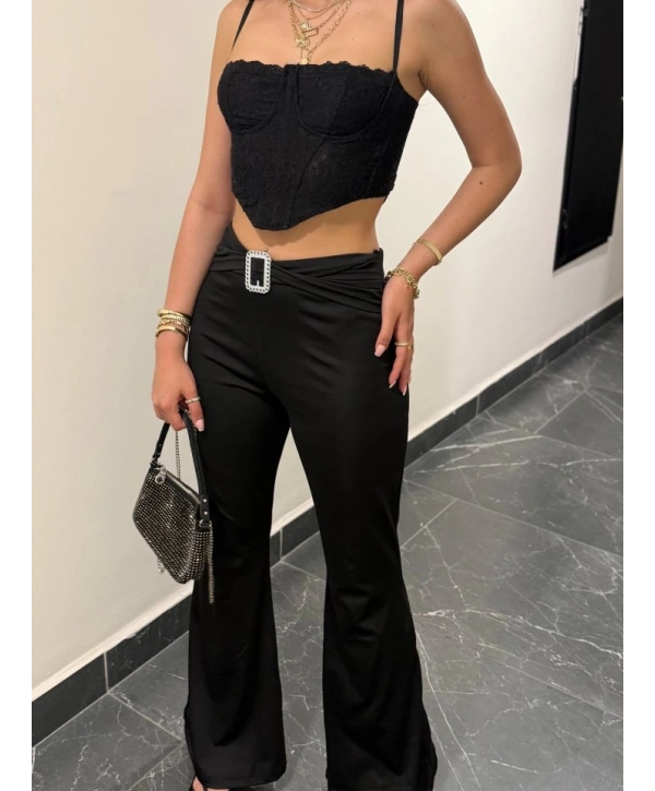 Kadın Yüksek Bel Tokalı Ispanyol Paçalı Dalgıç Pantolon