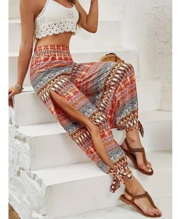 Kadın Yüksek Belli Yanlardan Yırtmaç Detaylı Desenli Bürümcük Pantolon