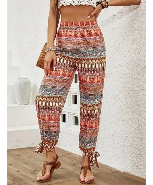 Kadın Yüksek Belli Yanlardan Yırtmaç Detaylı Desenli Bürümcük Pantolon