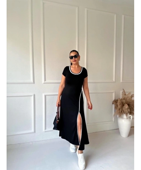 Kadın Yuvarlak Ribana Yaka Beyaz Yırtmaç Detaylı Viskon Tam Boy Elbise