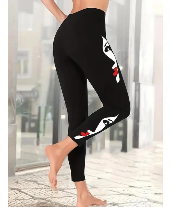 Kadın Yüz Baskılı Dalgıç Kumaş Tayt