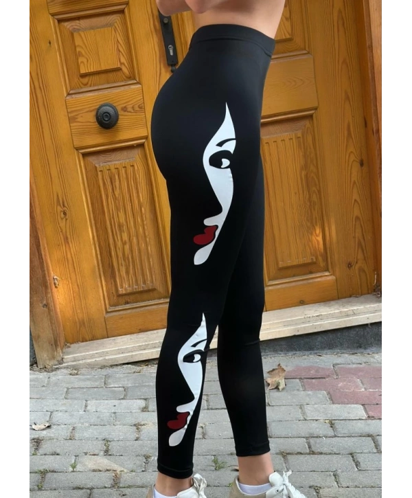 Kadın Yüz Baskılı Dalgıç Kumaş Tayt