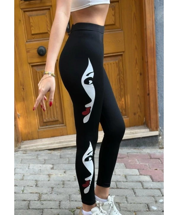 Kadın Yüz Baskılı Dalgıç Kumaş Tayt