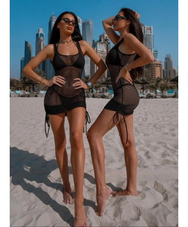 Kadınaskılı Eteği Büzgü Bağlama Detay Delikli örme Triko Pareo Elbise