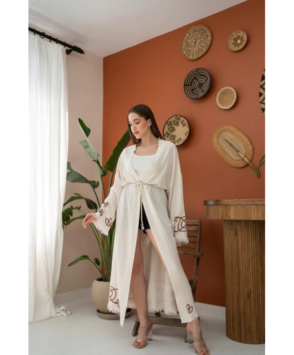 Kahverengi Baskı Detay Keten Hırka