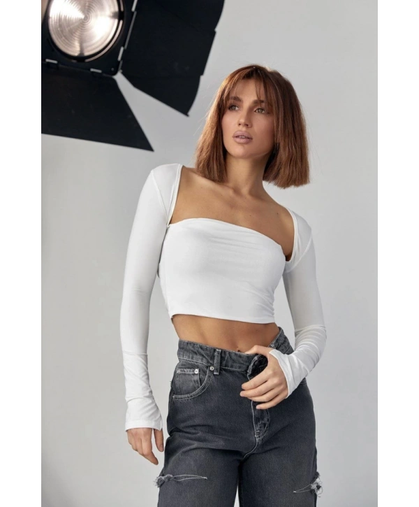 Kara Yaka Uzun Kollu Crop - Beyaz