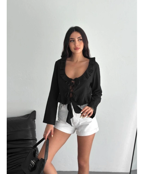 Keten Uzun Kol Bağacık Detaylı Bluz - Siyah