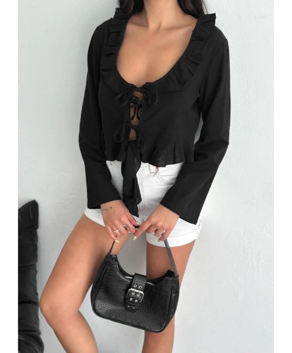 Keten Uzun Kol Bağacık Detaylı Bluz - Siyah