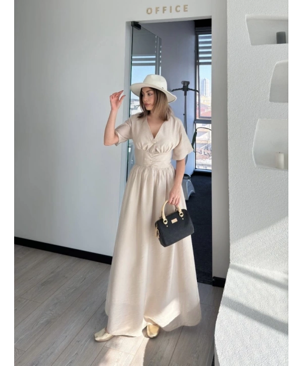 Kısa Kollu Uzun Elbise - Kırık Beyaz