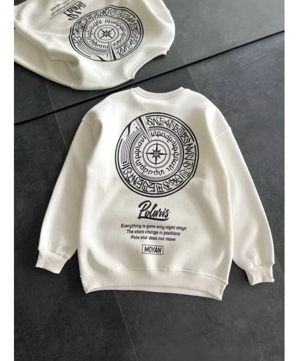 Kışlık Bisiklet Yaka Ön Ve Arka Baskılı SweatShirt - Beyaz