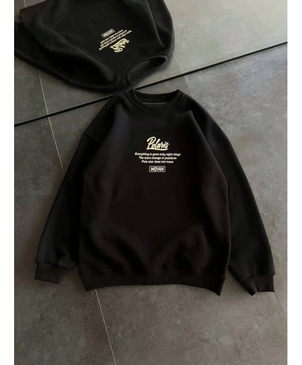 Kışlık Bisiklet Yaka Ön Ve Arka Baskılı SweatShirt - Siyah