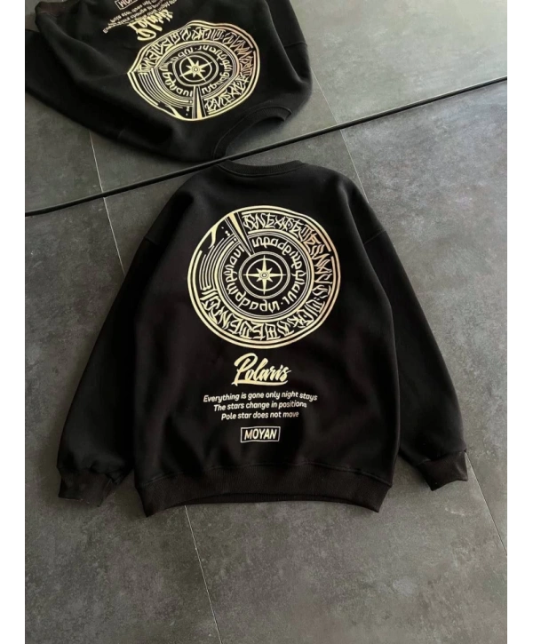 Kışlık Bisiklet Yaka Ön Ve Arka Baskılı SweatShirt - Siyah