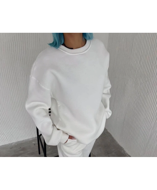 Kışlık Bisiklet Yaka Üç İplik Basic SweatShirt - Beyaz