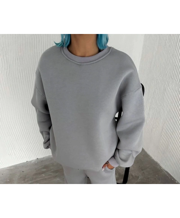 Kışlık Bisiklet Yaka Üç İplik Basic SweatShirt - Gri