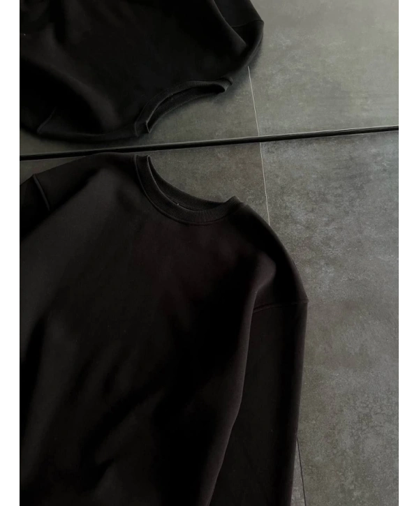 Kışlık Bisiklet Yaka Üç İplik Basic SweatShirt - Siyah