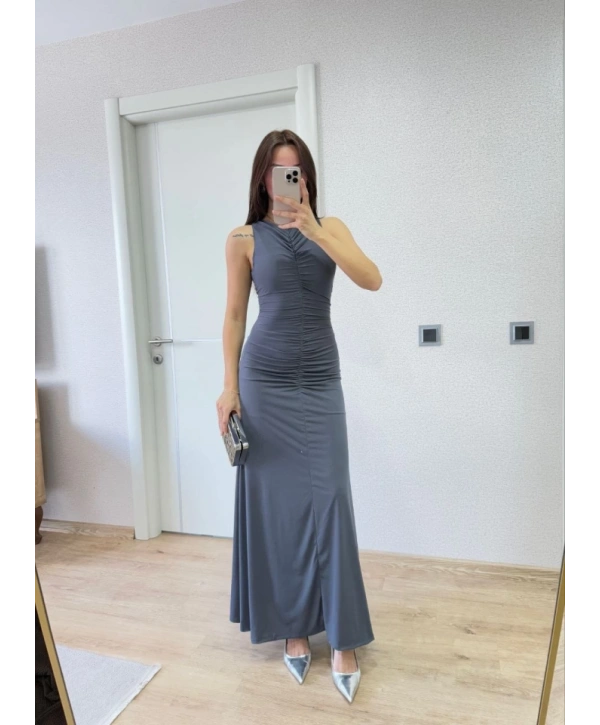 Kolsuz Büzgülü Uzun Elbise - Füme