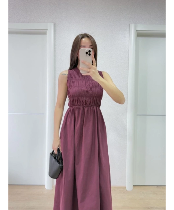 Kolsuz Göğüs Lastıklı Uzun Elbise - Bordo