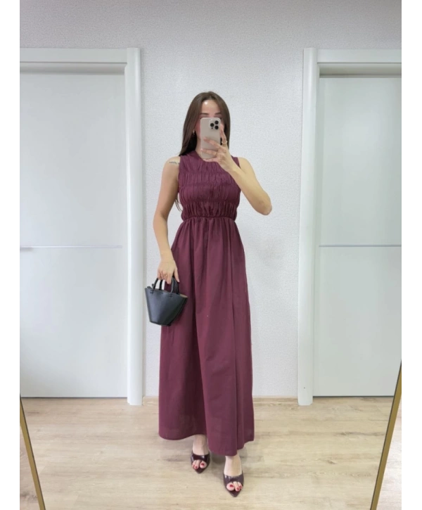 Kolsuz Göğüs Lastıklı Uzun Elbise - Bordo