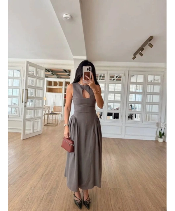 Kolsuz Uzun Kabardin Elbise - Gri