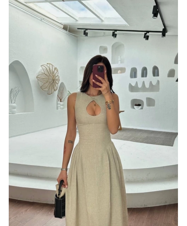 Kolsuz Uzun Kabardin Elbise - Gri