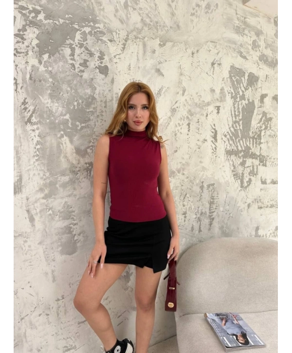 Kolsuz Yarım Bağazlı Badi Bluz - Bordo