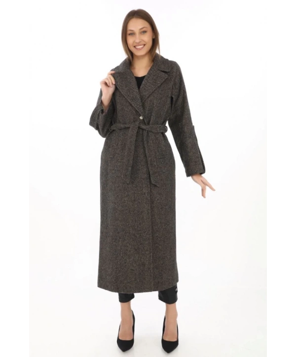 Kolu Apoletli Astarlı Kaşmir Kaşe Kaban - Füme