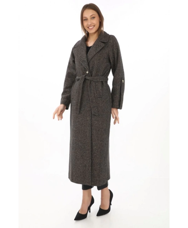 Kolu Apoletli Astarlı Kaşmir Kaşe Kaban - Füme