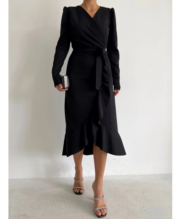 Krep Kumaş Midi Boy Kuşaklı Uzunkol Elbise 113 Cm