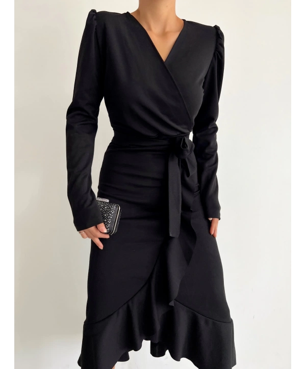 Krep Kumaş Midi Boy Kuşaklı Uzunkol Elbise 113 Cm