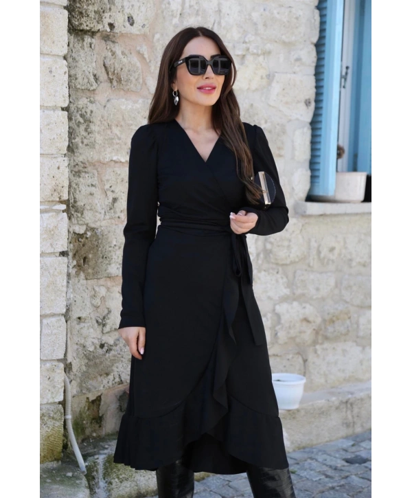 Krep Kumaş Midi Boy Kuşaklı Uzunkol Elbise 113 Cm