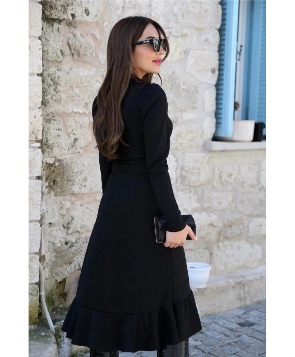 Krep Kumaş Midi Boy Kuşaklı Uzunkol Elbise 113 Cm