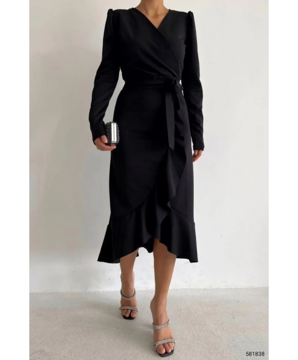 Krep Kumaş Midi Boy Kuşaklı Uzunkol Elbise 113 Cm