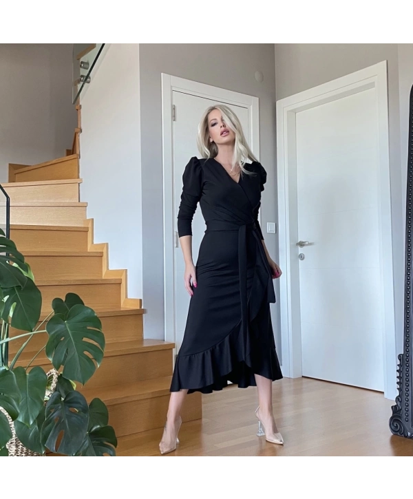 Krep Kumaş Midi Boy Kuşaklı Uzunkol Elbise 113 Cm