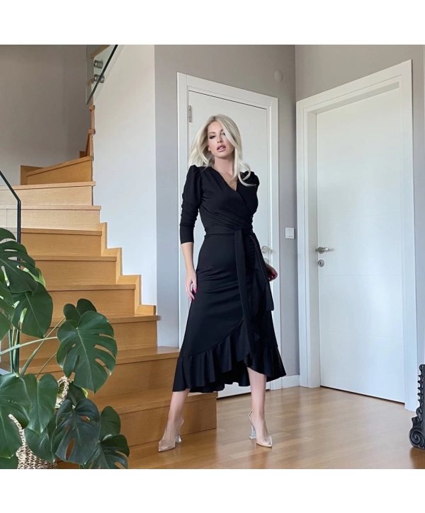 Krep Kumaş Midi Boy Kuşaklı Uzunkol Elbise 113 Cm