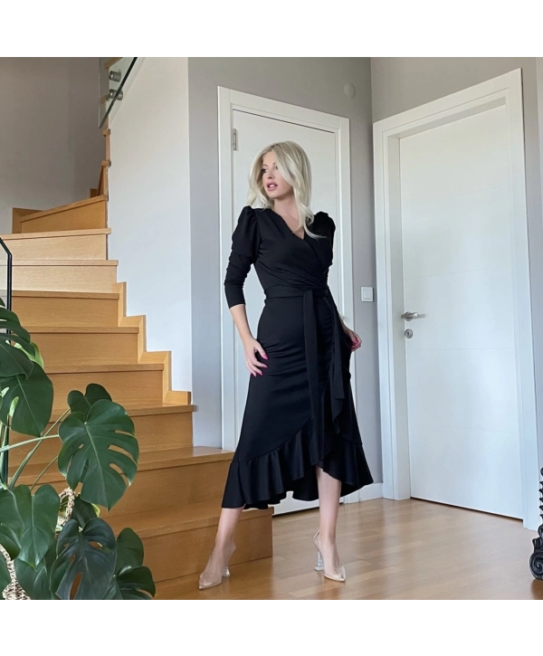 Krep Kumaş Midi Boy Kuşaklı Uzunkol Elbise 113 Cm