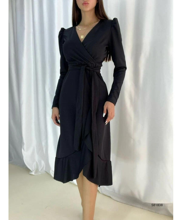 Krep Kumaş Midi Boy Kuşaklı Uzunkol Elbise 113 Cm