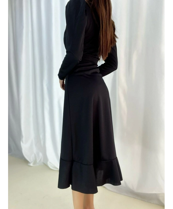 Krep Kumaş Midi Boy Kuşaklı Uzunkol Elbise 113 Cm