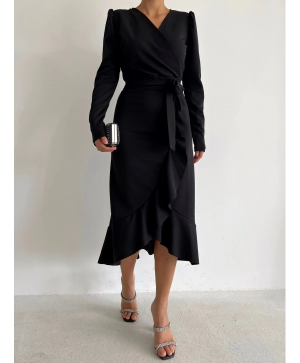 Krep Kumaş Midi Boy Kuşaklı Uzunkol Elbise 113 Cm