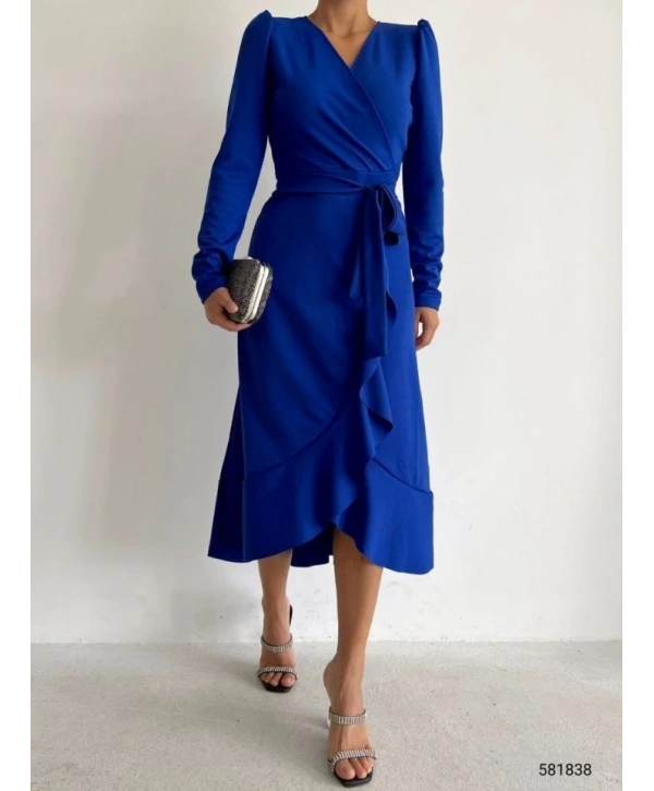 Krep Kumaş Midi Boy Kuşaklı Uzunkol Elbise