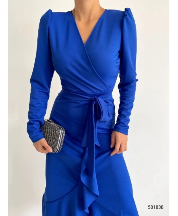 Krep Kumaş Midi Boy Kuşaklı Uzunkol Elbise