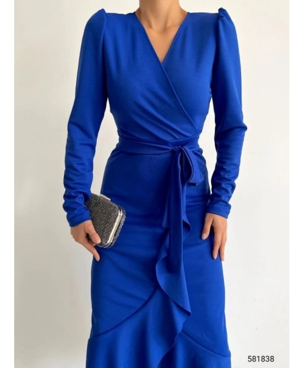 Krep Kumaş Midi Boy Kuşaklı Uzunkol Elbise